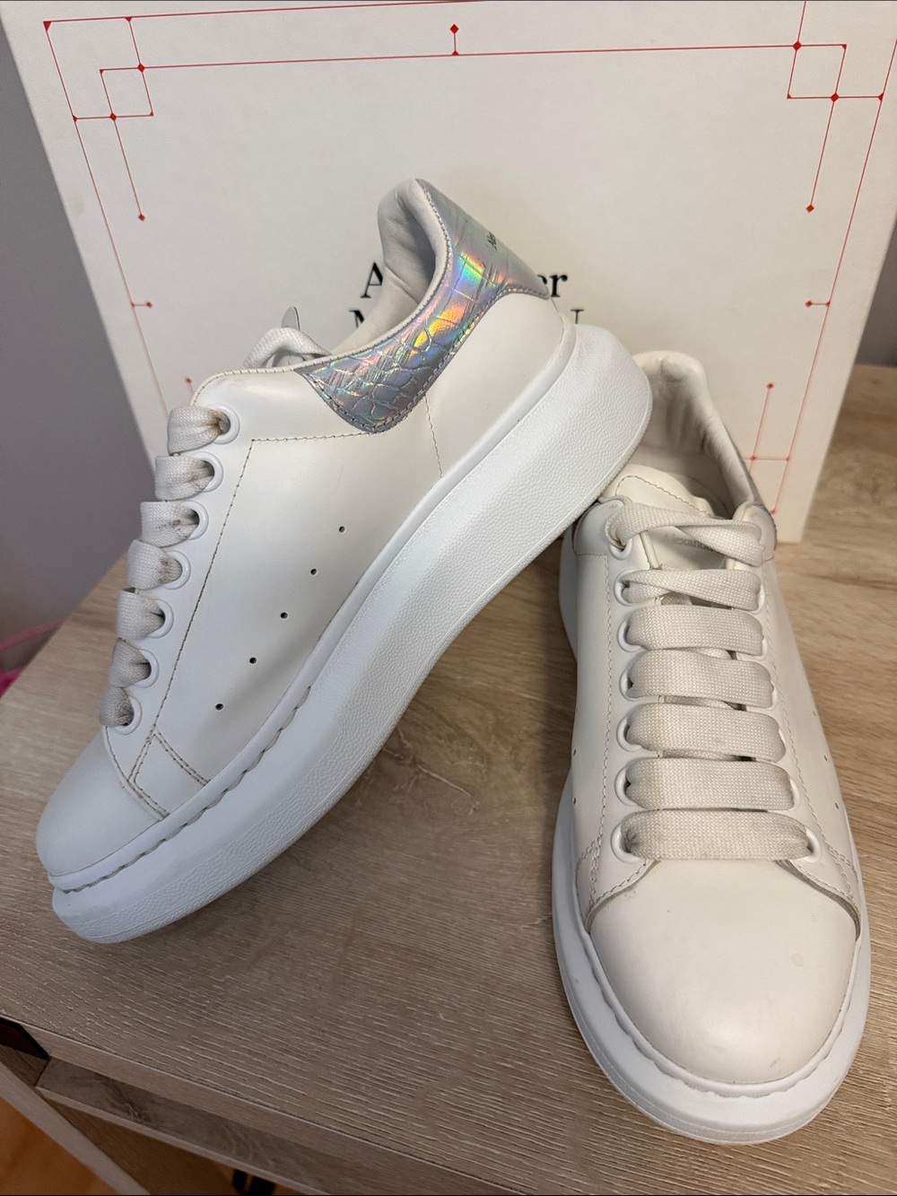 Alexander McQueen Larry White Platform Sneakers with Iridescent Heel